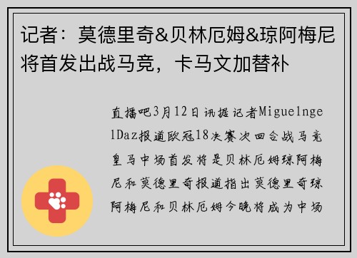 记者：莫德里奇&贝林厄姆&琼阿梅尼将首发出战马竞，卡马文加替补