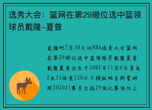 选秀大会：篮网在第29顺位选中蓝领球员戴隆-夏普